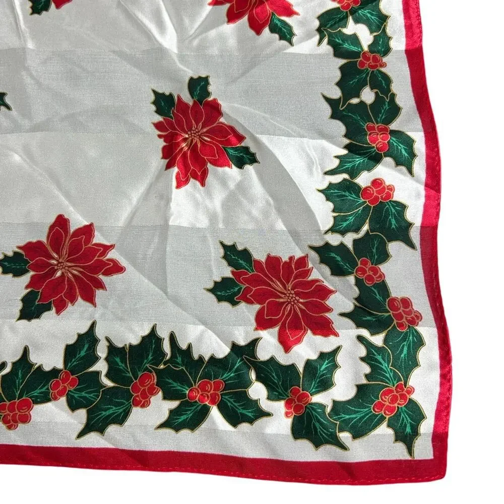 Vintage Silky Scarf- Square- Red White Green Mistletoe Design- 21x21